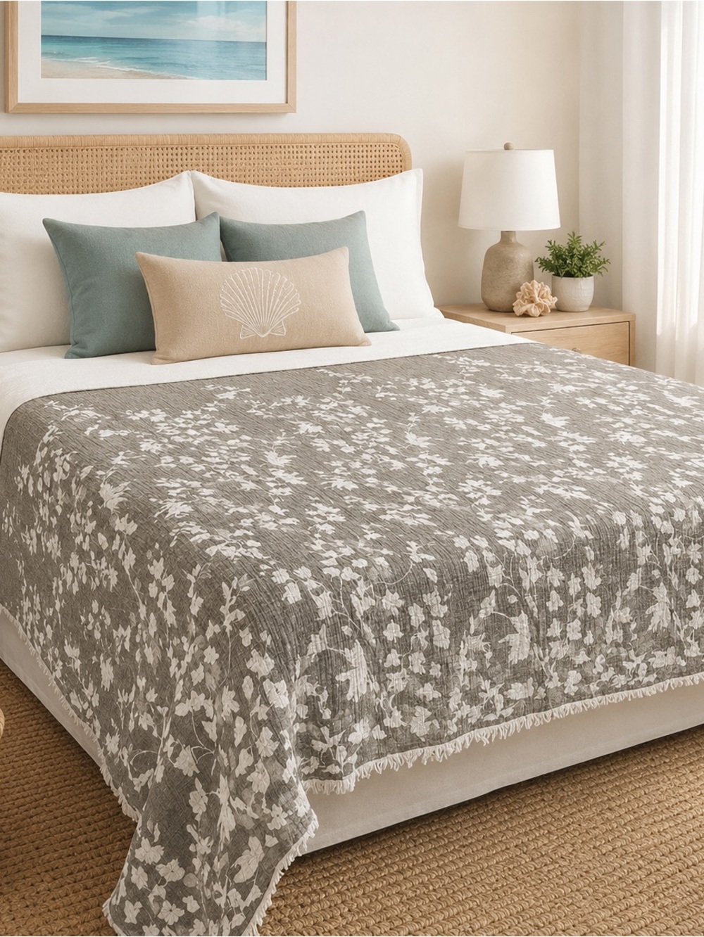 Earth Brown Taupe Floral Quilt Bedspread Dark Taupe Ecru Cream Loom Weave QUEEN